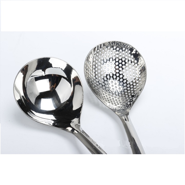 Muôi múc canh, muôi thủng ăn lẩu cán dài sáng bóng - Vá đặc, vá lỗ Inox 304 cao cấp