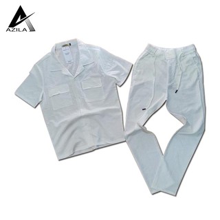 Bộ đũi nam cổ bẻ Azila, Set bộ áo sơ mi cộc tay quần dài chất đũi xước cao cấp mềm mịn, thoáng mát - Đũi02