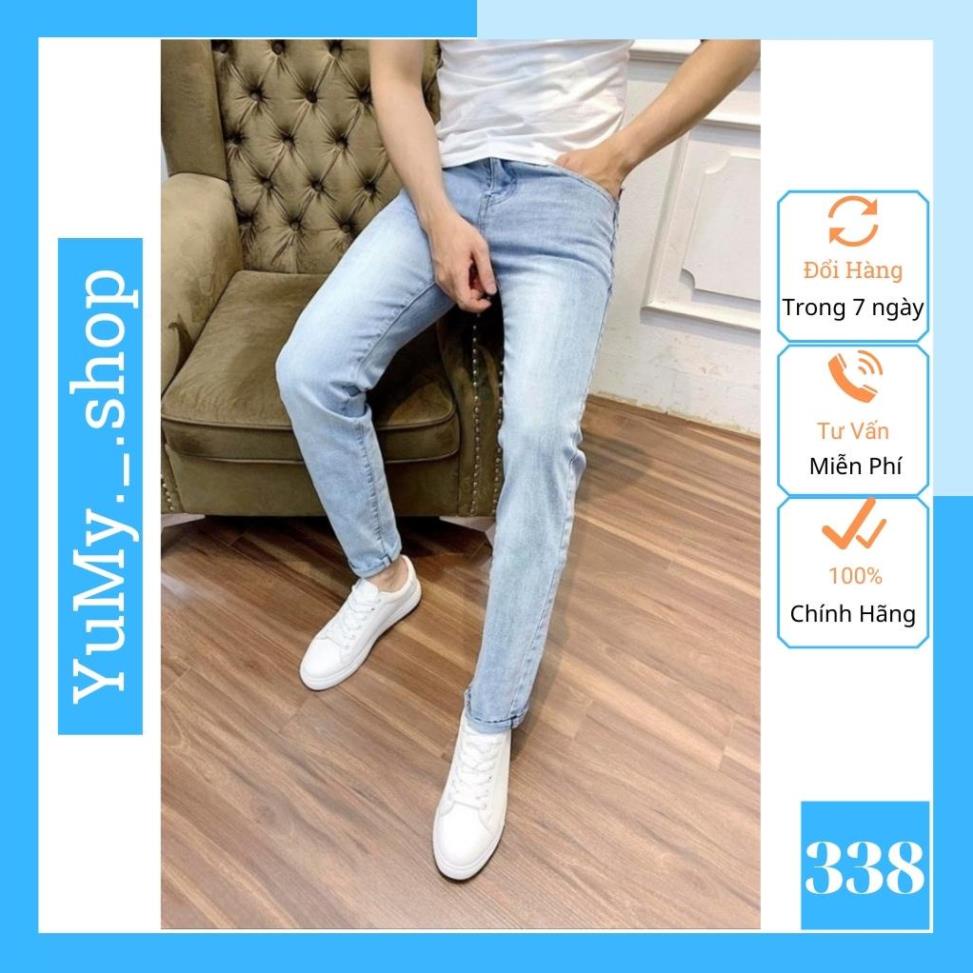 Quần Jean Nam Không Rách Gối Màu Xanh Trắng Cao Cấp Co Giãn 4 Chiều, Quần Bò Nam Thời Trang Trẻ Trung AD338JM * x