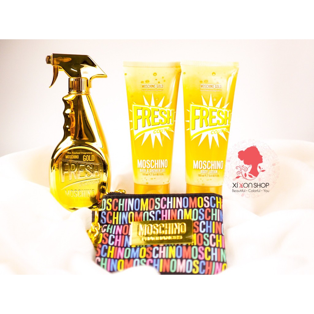 BỘ QUÀ TẶNG MOSCHINO FRESH GOLD NƯỚC HOA 100ML, DƯỠNG THỂ 100ML, SỮA TẮM 100ML & VÍ CẦM TAY