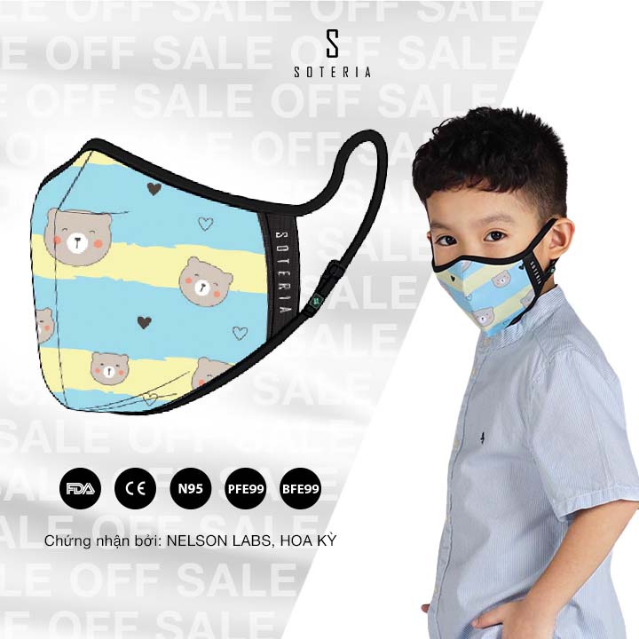 Khẩu trang tiêu chuẩn Quốc Tế Soteria Cool Kids,  bộ lọc bụi mịn N95 BFE PFE 99 đến 0.1 micromet - Size S,M,L