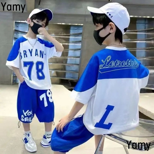 Bộ Áo Thun Ngắn Tay + Quần Lửng Thời Trang Mùa Hè Phong Cách Hàn Quốc Cho Bé Trai Áo Thun Nam Rộng Rãi RWHI
