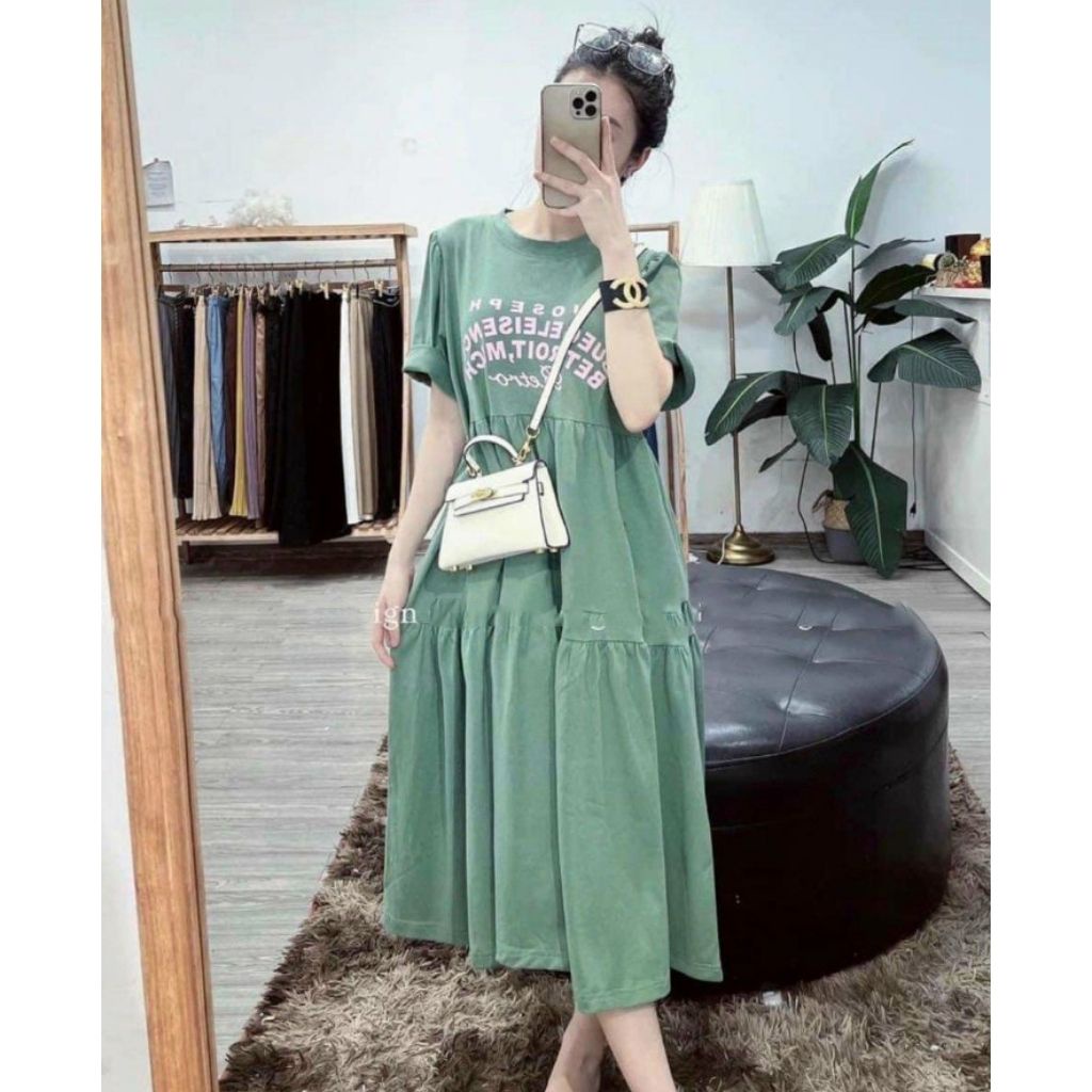 Váy bầu thời trang thiết kế ngắn tay cổ tròn M518 vải cotton cao cấp Mom and Baby