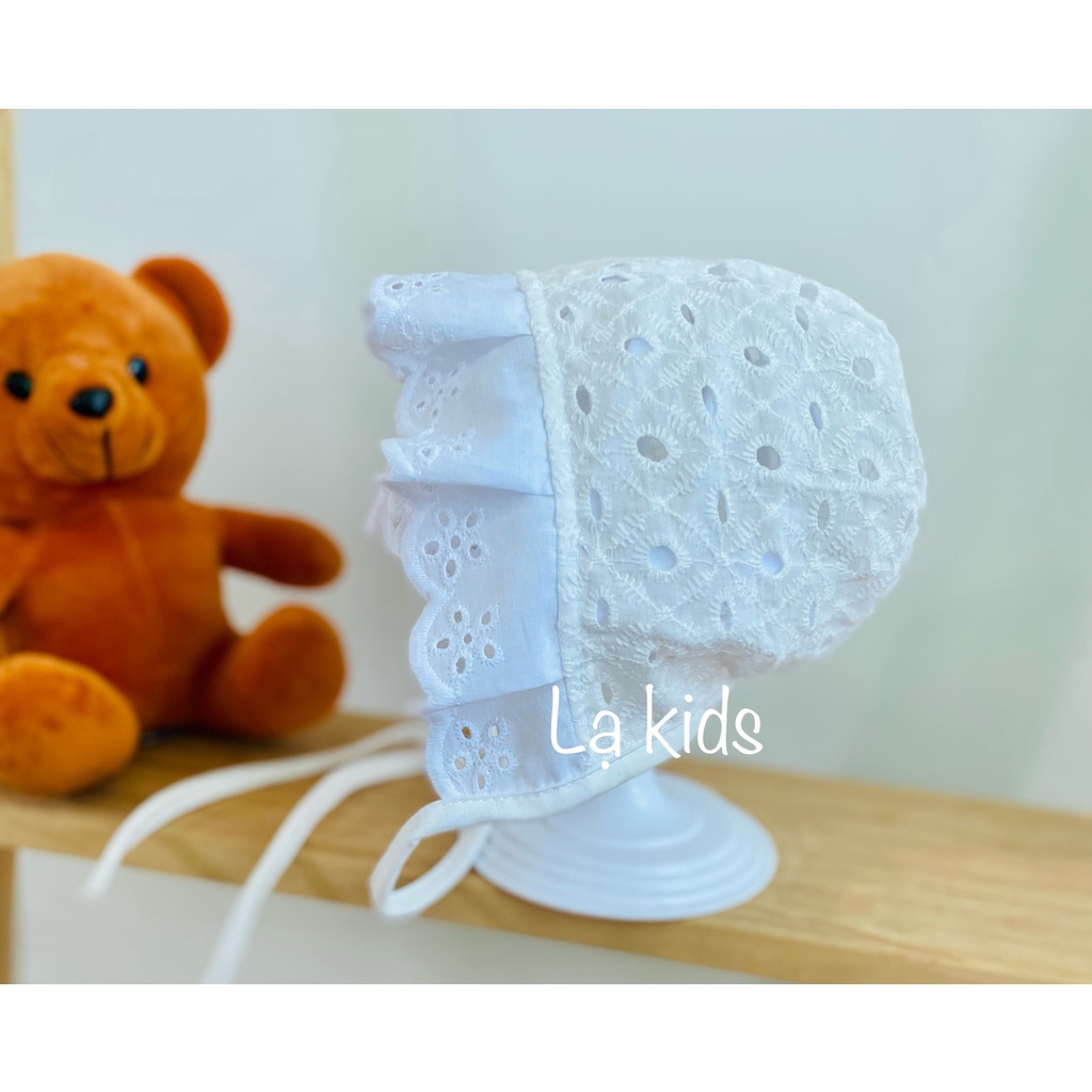 Mũ bonnet thô thêu cho bé,