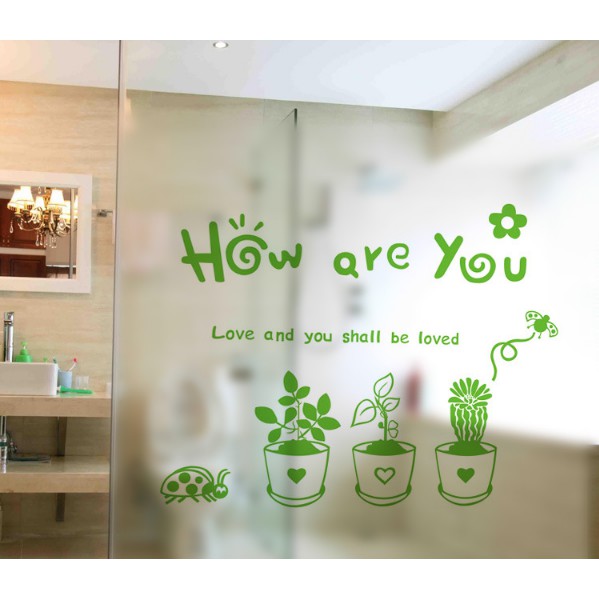 Decal trang trí kính cao cấp 3 chậu HOW ARE YOU ( 60cm x 58cm )