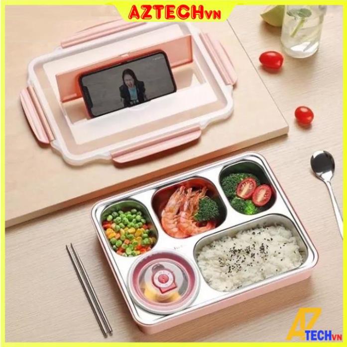 Khay Cơm, Cà Mên Đựng Đồ Ăn 5 Ngăn Bằng Inox, Kèm Muỗng Đũa, Khay Xịn Có Nắp Hộp
