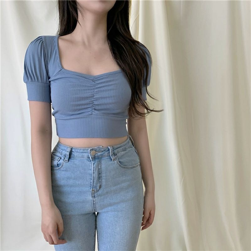 Áo Croptop Tay Phồng Ngắn Cổ Vuông Nhún Ngực Siêu Xinh Satiny DB63 | BigBuy360 - bigbuy360.vn