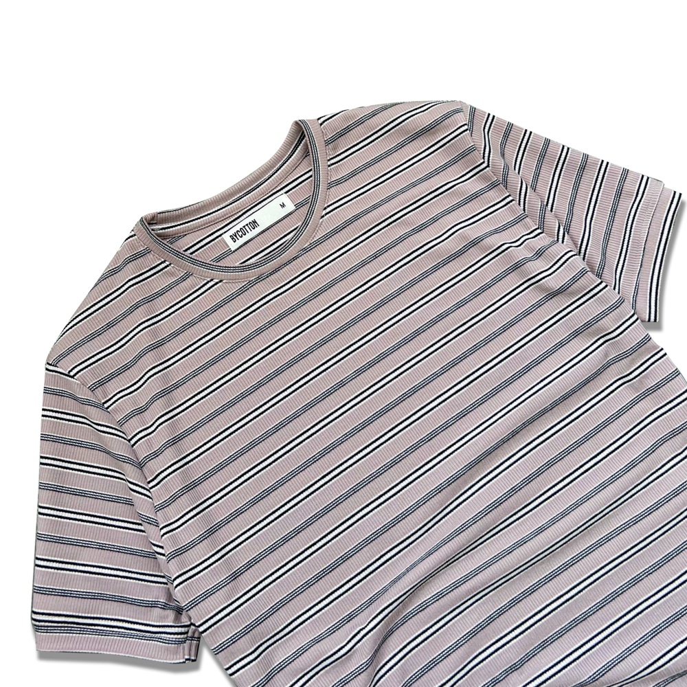 Áo Thun Gân Ngắn Tay Cổ Tròn Nâu Phối Sọc Đen BY COTTON Brown Black Stripes Ribbed Tee