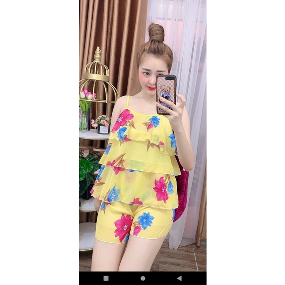Set bộ áo 2 dây quần đùi ngắn lụa hàn Đồ mặc nhà họa tiết trái cây dễ thương | BigBuy360 - bigbuy360.vn