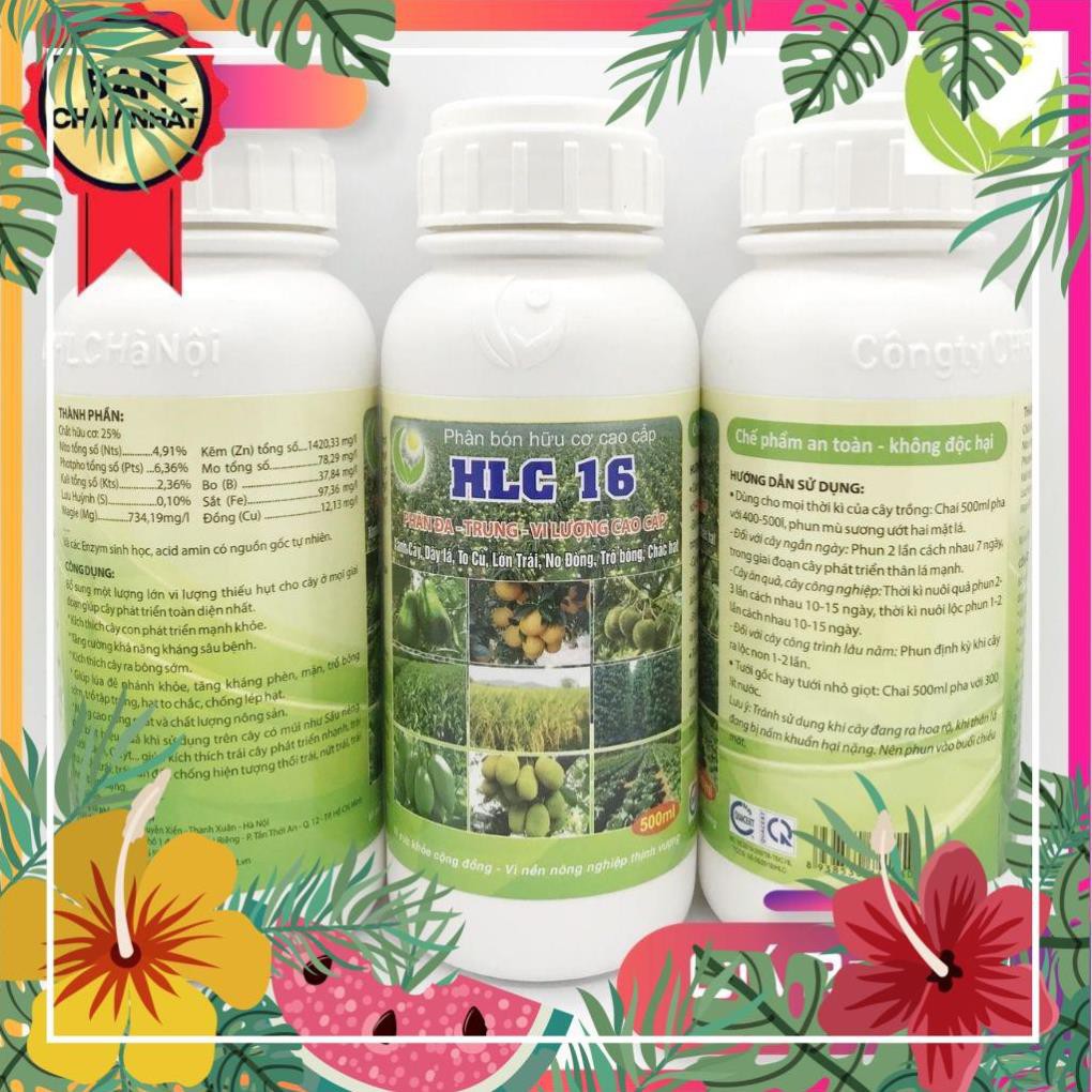 PHÂN BÓN HỮU CƠ CAO CẤP HLC 16 - PHÂN BÓN LÁ KÍCH MẦM KÍCH CHỒI DƯỠNG TRÁI CHO CÂY ĂN QUẢ, HOA, CÂY CẢNH, RAU MÀU- 500ML