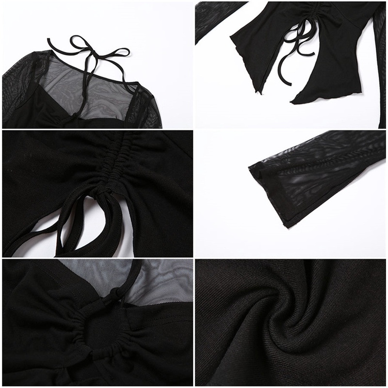 Áo Kiểu Tay Dài Phối Lưới Thiết Kế Dây Đan Chéo Quyến Rũ