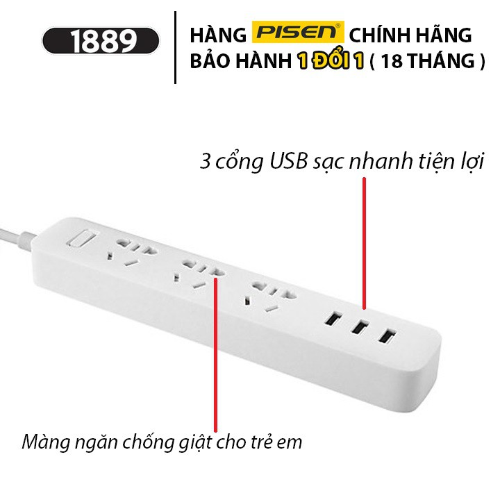 Ổ Cắm Điện Thông Minh Pisen PSCXB-01U 3 cổng AC , 3 cổng USB Có Khe Chắn Ổ Điện Chống Giật An Toàn - [BẢO HÀNH 18 THÁNG]