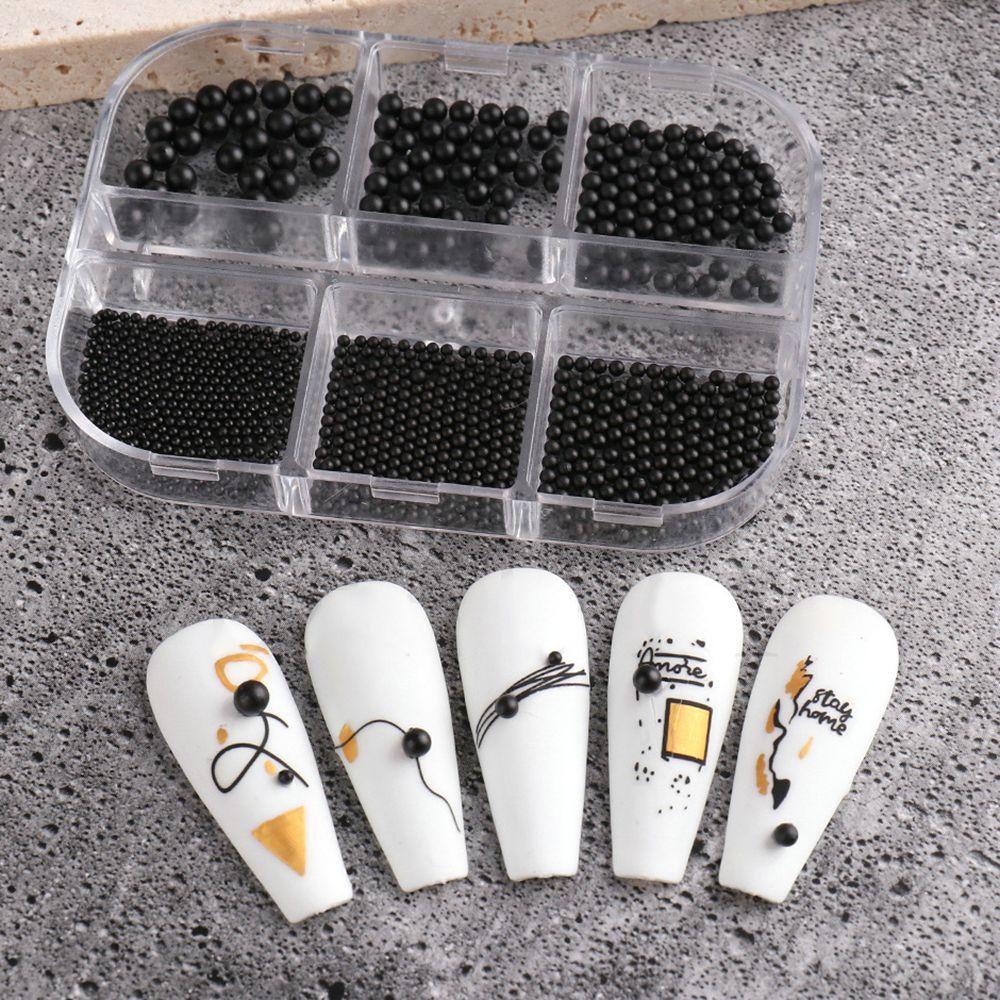 Hộp 6 Ngăn Đựng Hạt Tròn Mini 1-3mm Màu Đen Nhám Trang Trí Móng Nghệ Thuật DIY