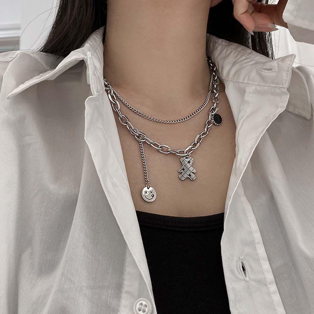 Dây Chuyền Choker Hai Lớp Mặt Hình Mặt Cười Bằng Kim Loại Phong Cách Hip Hop Thời Trang Cho Nữ