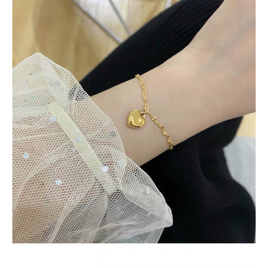 Vòng Đeo Tay Bằng Thép Titan Mạ Vàng Hồng 18K Hình Trái Tim Phong Cách Hàn Quốc Nhật Bản