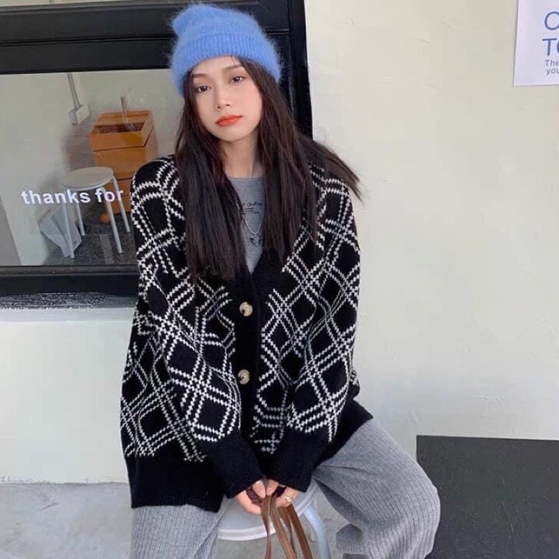 Áo Khoác Cardigan Nỉ Nữ Màu Đen Sọc CHẤM Trắng Form Rộng