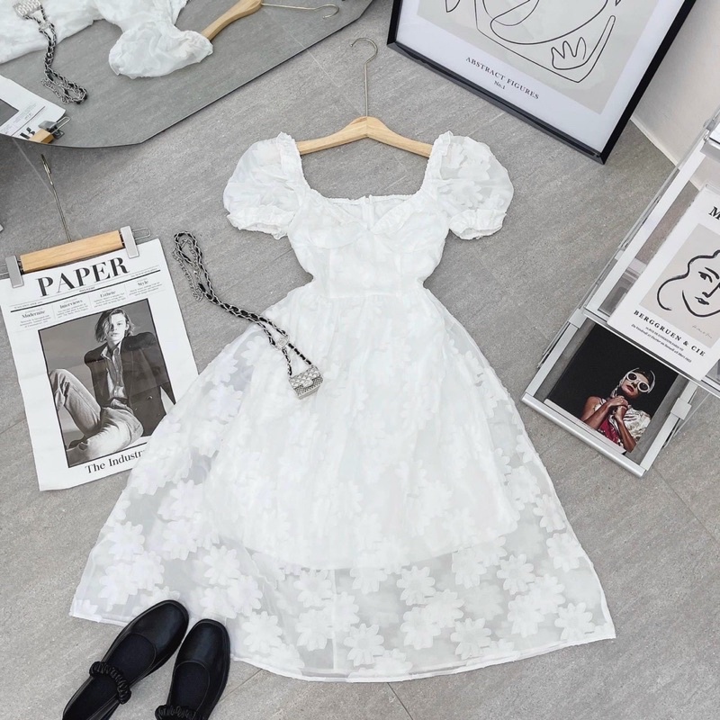 Đầm váy trắng tiểu thư bèo cổ tay phồng voan thêu cao cấp Elena