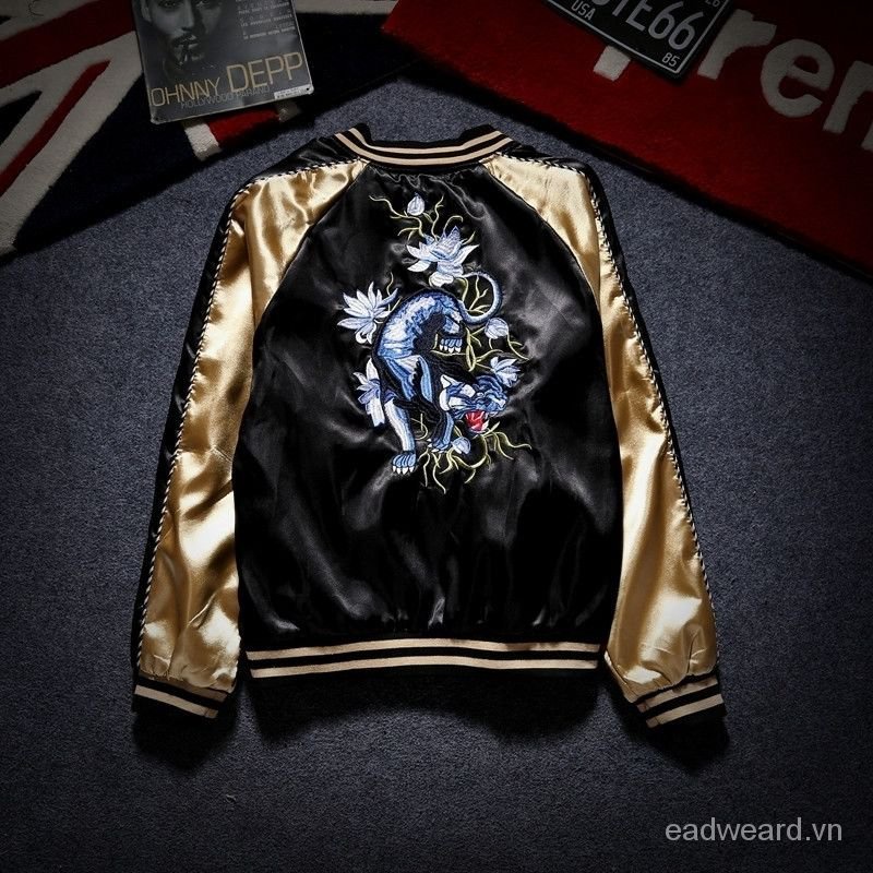 Áo khoác bóng chày thêu hình chim hạc phong cách Nhật Bản cho cặp đôi