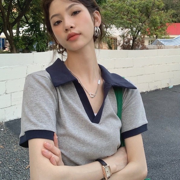 【ZHELIHANGFEI】 Áo Thun POLO Dệt Kim Ngắn Tay Phối Màu Tương Phản Cá Tính