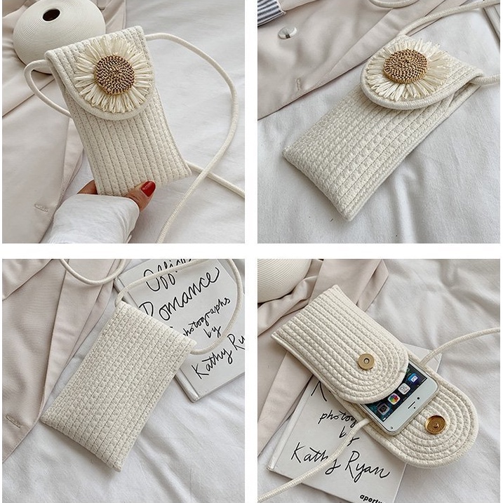 Túi đựng điện thoại đeo vai bằng cotton dệt kim phong cách vintage thời trang thanh lịch cho nữ