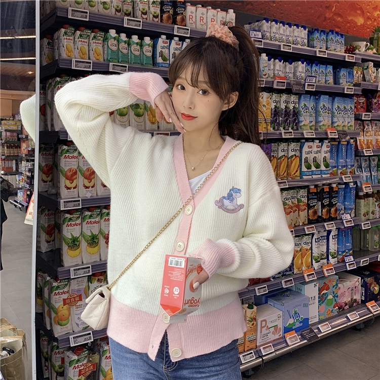 Áo khoác cardigan dệt kim màu sắc tương phản đáng yêu cho nữ | BigBuy360 - bigbuy360.vn