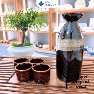 Bộ ấm chén uống trà, trà đạo bình sake đứng men hỏa biến gốm sứ bát tràng gomphuquy ttg08