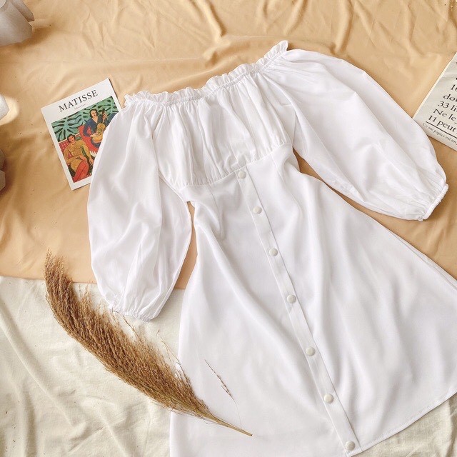 Váy trắng trễ vai triết eo tay bồng tiểu thư xinh xắn / Đầm trắng tiểu thư Hàn quốc | BigBuy360 - bigbuy360.vn