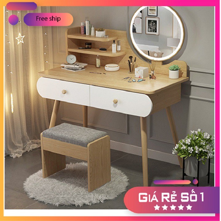 🌟Ảnh thật🌟 Bàn trang điểm gỗ mini 2 ngăn kéo kèm ghế, bàn trang điểm nhỏ BAH002