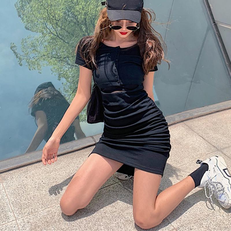 Đầm dệt kim tay ngắn cổ tròn thời trang Hàn Quốc gợi cảm sành điệu