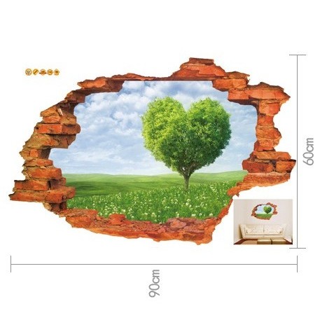 Decal dán tường 3D Trái tim xanh trang trí nhà cửa sáng tạo