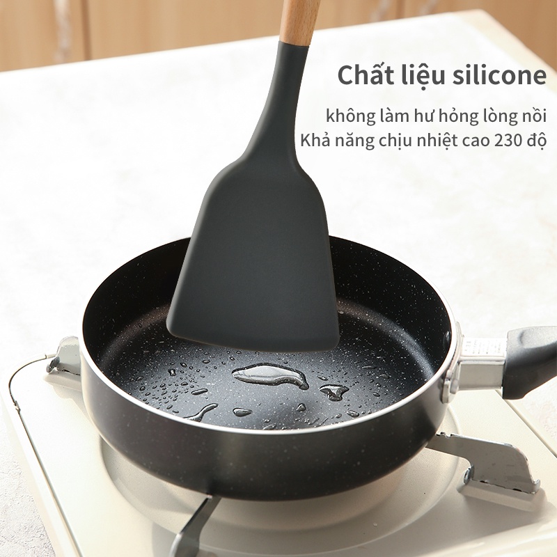 Set 4 dụng cụ nhà bếp SIMPLUS vá xẻng xào cọ quét dầu có lỗ bằng silicone tay cầm gỗ sồi chịu nhiệt độ cao