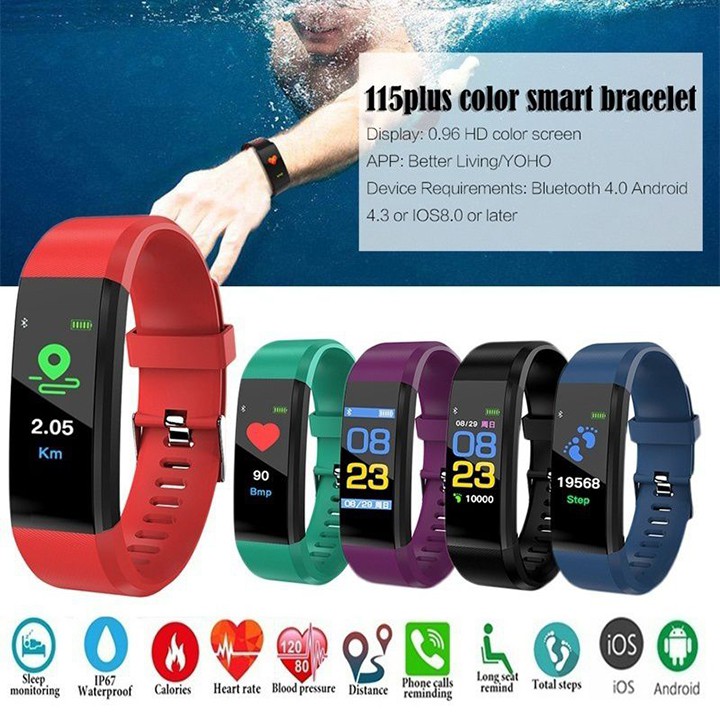 [ Xả kho 3 ngày ] Đồng hồ thông minh chống nước, đo nhịp tim, huyết áp, theo dõi sức khỏe  - Smart band 115 plus