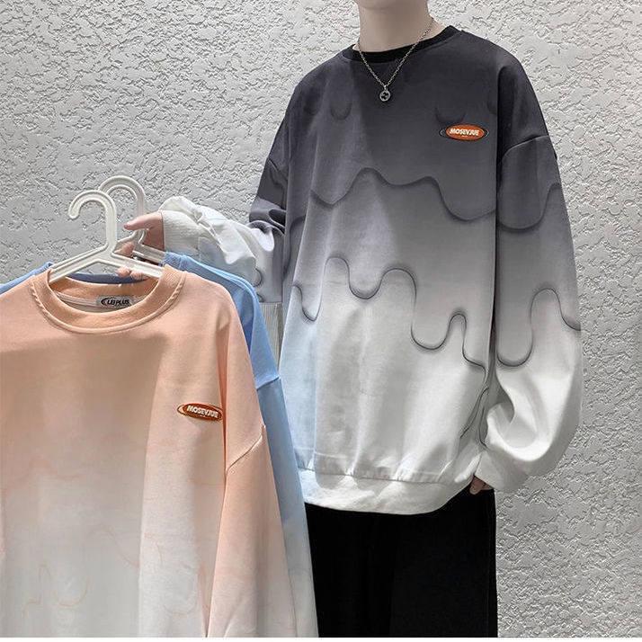 Áo Thun Nam Tay Dài Dáng Rộng Cổ Tròn Màu Gradient Phong Cách Đường Phố Hip Hop 2021