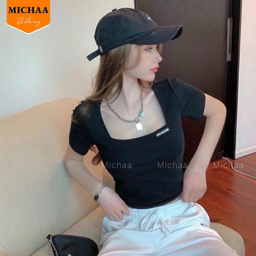 Áo Croptop Ngắn Tay GẮN LOGO Cổ Vuông Nữ Chất Thun Gân Kiểu Ôm Body Sexy Ulzzang - MICHAA