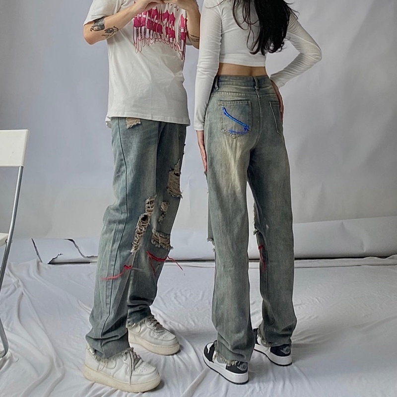 Quần jeans rách unisex nam nữ ống loe