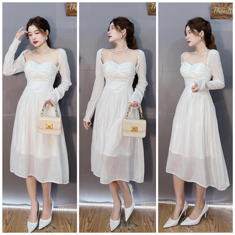 Set đầm midi kèm áo khoác hai lớp