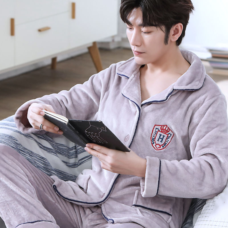 Men's Winter Pajamas Thick Coral Home Wear Long Sleeve Flannel Casual Warm Autumn And Winter Can Be Wearing Outside Suit | BigBuy360 - bigbuy360.vn