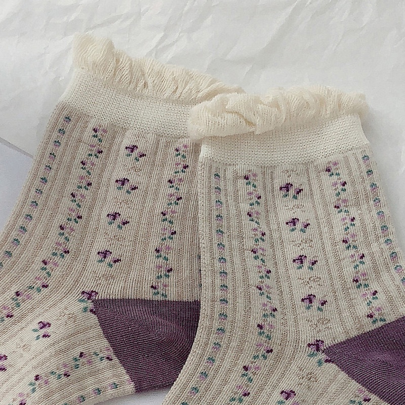 Vớ ngắn cotton họa tiết hoa kẻ sọc màu tím khoai môn dễ thương lãng mạn ấm áp thời trang thu đông