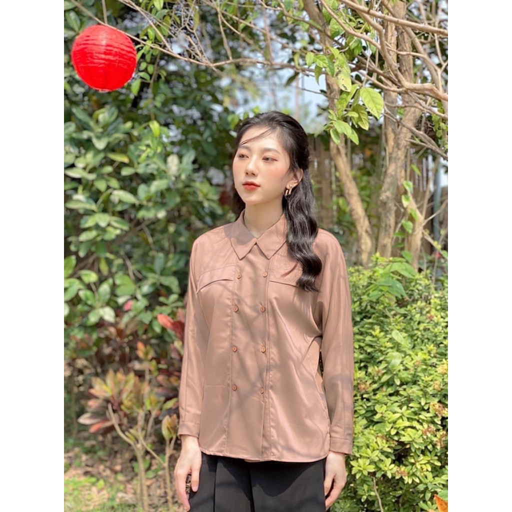 Áo sơ mi kiểu thiết kế đẹp tay dài cánh dơi dáng rộng cổ vest phối cúc cách điệu, chất liệu không nhăn SM01-HT-CLOTHES | BigBuy360 - bigbuy360.vn