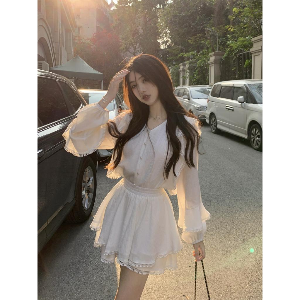 61370 Áo Sơ Mi Chiffon Mịn Tay Dài Ống Loe / Quần Culottes Ren