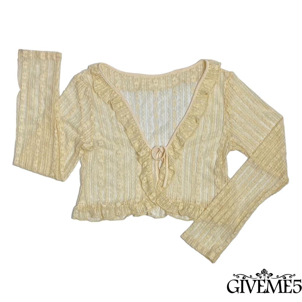 Áo cardigan croptop tay dài cổ chữ V phối diềm xếp nếp vải mỏng xuyên thấu phối ren hoa cột dây dành cho bạn nữ