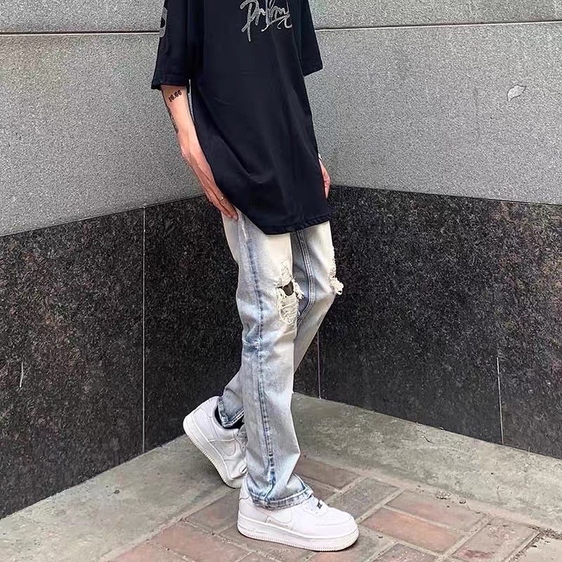 Quần jean rách FOG zipper xanh bạc vá gối rằn ri phong cách streetwear Quixotic