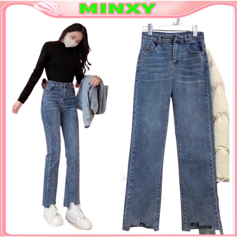 Quần jean nữ ống đứng cắt gấu quần bò suông xẻ rách gấu hách dáng chất jeans co giãn tốt-MINXY SHOP