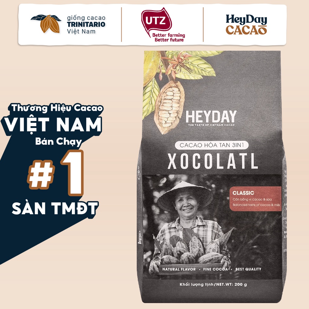 [Mã BMBAU50 giảm 7% đơn 99K] Bột cacao sữa gu đắng dịu HEYDAY Xocolatl Classic túi 200g