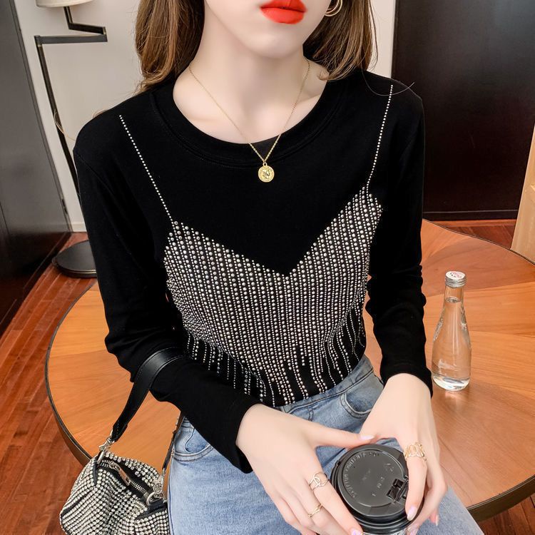 Hàng Có Sẵn Áo Thun Dài Tay Ôm Dáng Vừa Vặn Với Thiết Kế Giả Hai Mảnh Đính Đá Công Nghiệp Nặng Năm 2021 Phong Cách Mới Mùa Thu Niche