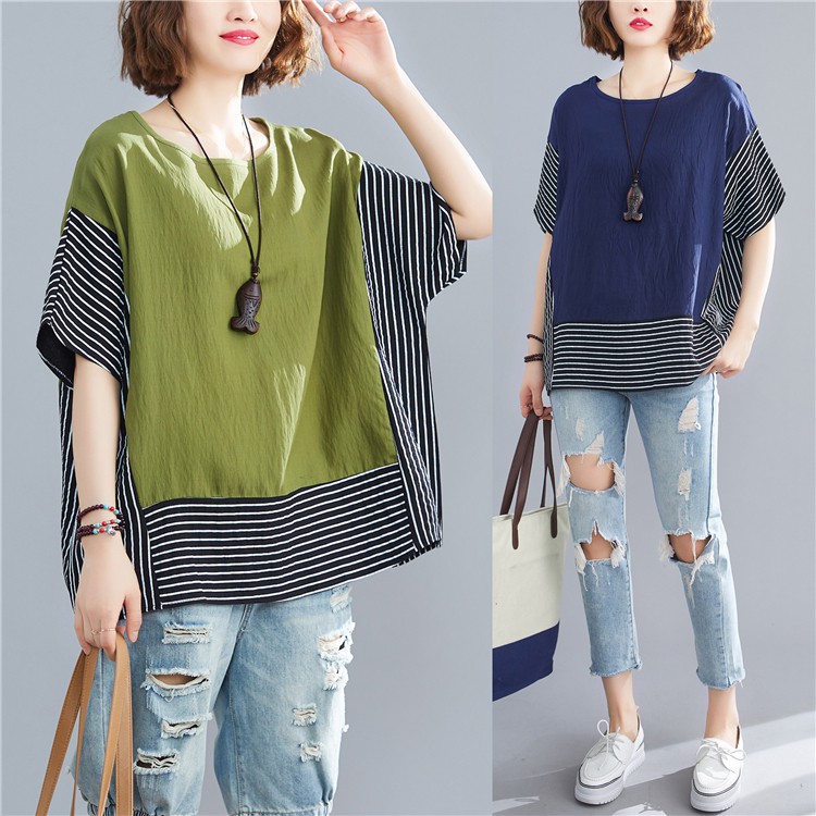 B239 Áo bigsize dáng suông rộng phối kẻ thời trang