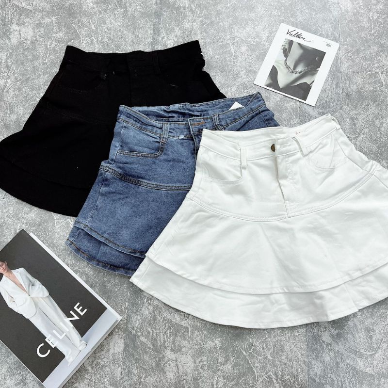 Chân Váy Jean MIRA.CLOSET, Dáng Ngắn Xoè Lưng Cao 2 Tầng C049