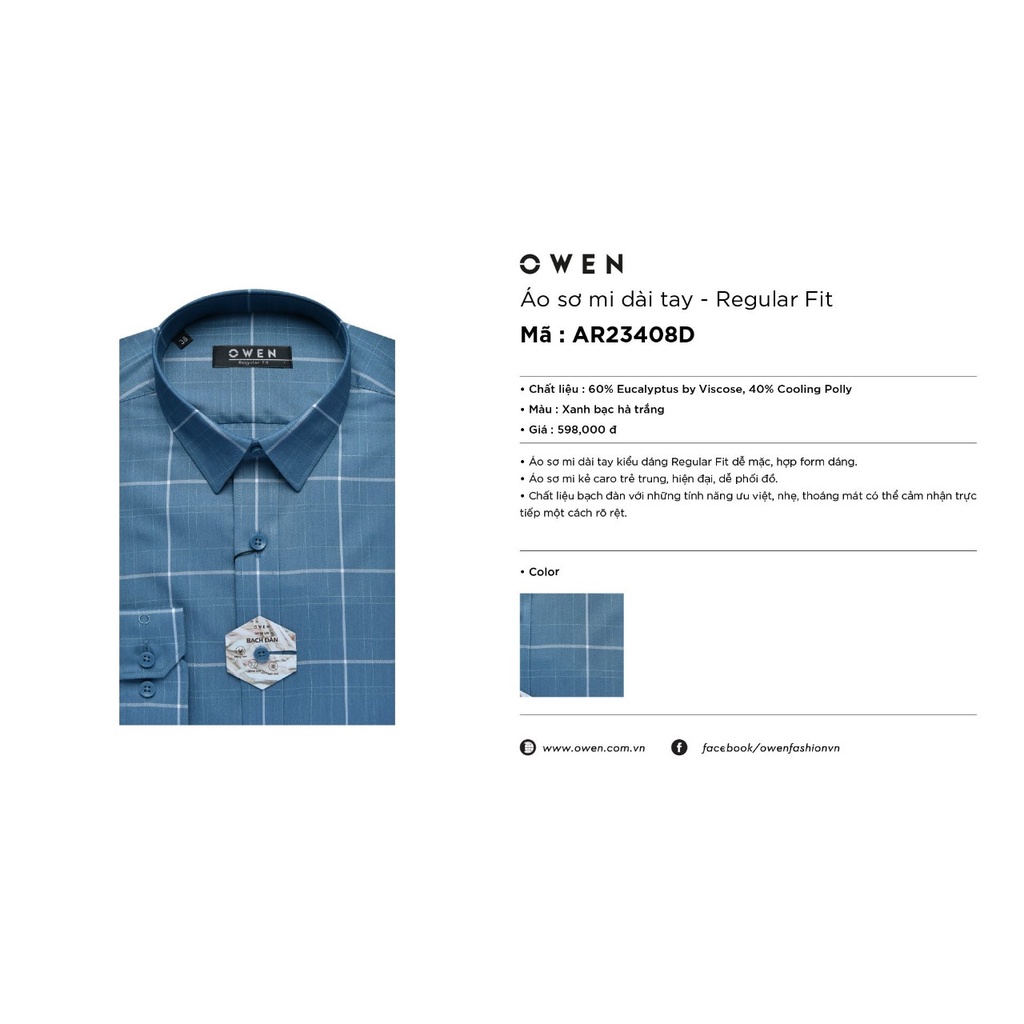 Áo Sơ Mi Nam Dài Tay Owen AR23408D Somi Công Sở Cao Cấp Màu Xanh Bạc Hà Kẻ Caro Trắng Dáng Suông Không Túi Chất Sợi Bạch | BigBuy360 - bigbuy360.vn