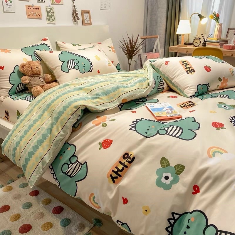 Bộ Chăn Phao Ga Gối ☀️ Vỏ Chăn Ga Gối Cotton poly 3D Hàn Quốc Khủng Long Xanhcotton thun mát bền có nhiều kích thước