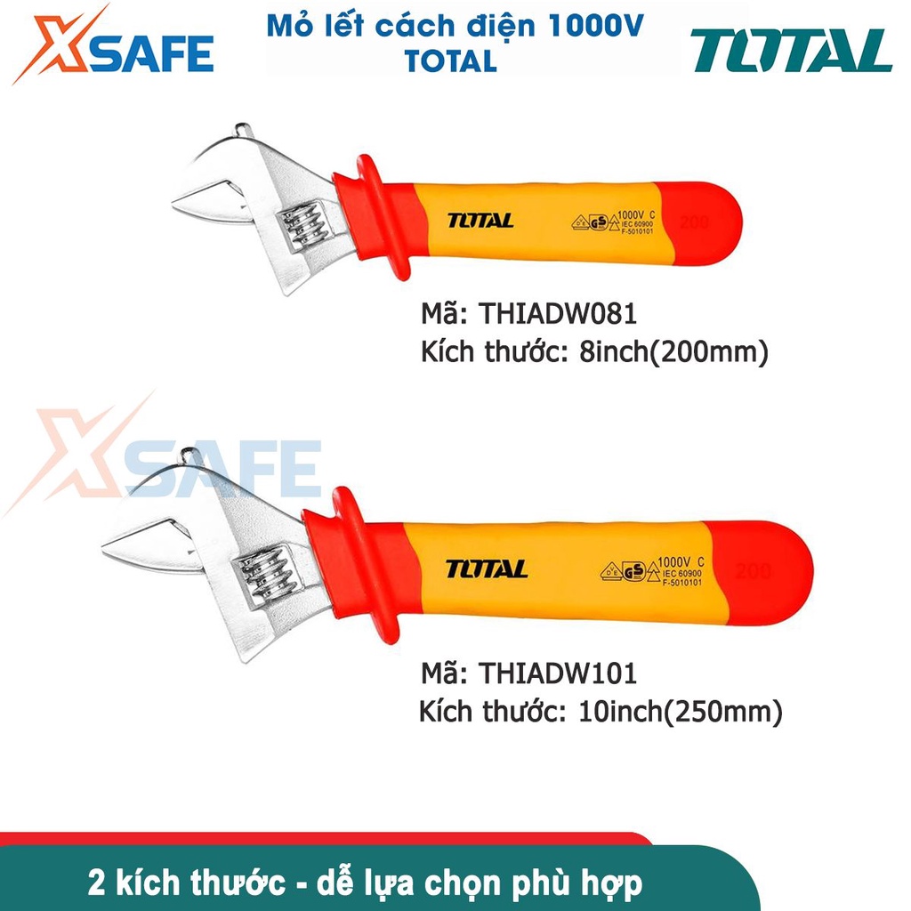 Mỏ lết đa năng TOTAL 8-10inch, cách điện 1000V an toàn tiêu chuẩn Đức, dùng siết mở, nới lỏng đai ốc, bulong